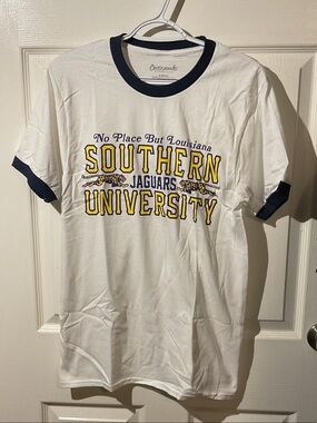 Southern University Jaguars White Ringer Tee with Navy Trim